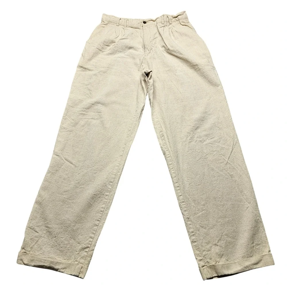 Perry Ellis Mens Beige Linen Cotton Pleated Straight Leg Trousers Size 34